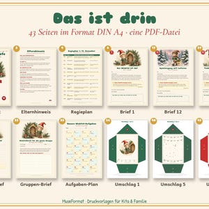 以下が含まれることがあります： DIN A4サイズの43ページのPDFファイル「Das ist drin」には、子供向けの印刷可能なテンプレートが含まれています。コレクションには、表紙、保護者向けガイド、スケジュール、様々なイラスト付きの手紙、タスクプラン、エルフのグラフィックが描かれた封筒テンプレートが含まれています。