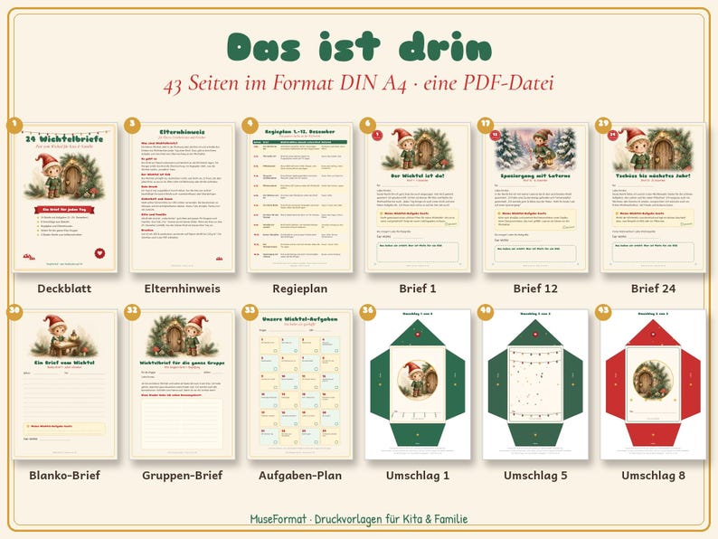 以下が含まれることがあります： DIN A4サイズの43ページのPDFファイル「Das ist drin」には、子供向けの印刷可能なテンプレートが含まれています。コレクションには、表紙、保護者向けガイド、スケジュール、様々なイラスト付きの手紙、タスクプラン、エルフのグラフィックが描かれた封筒テンプレートが含まれています。