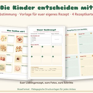 May include: Three printable sheets featuring baking activities for children. The first sheet is a voting chart for recipes, the second is a template for a specific recipe, and the third contains four blank recipe cards for filling in details.