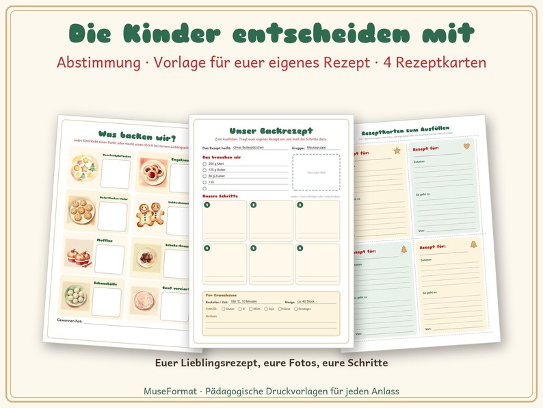 May include: Three printable sheets featuring baking activities for children. The first sheet is a voting chart for recipes, the second is a template for a specific recipe, and the third contains four blank recipe cards for filling in details.
