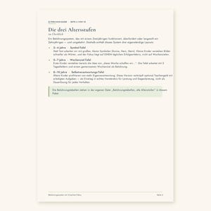 May include: A white informational page titled Die drei Altersstufen, outlining a reward system for children. It details three age-specific layouts: 2-4 years using symbols, 5-7 years using weekly goals, and 8-10 years focusing on self-responsibility.