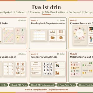 May include: A digital download set titled Das ist drin containing 5 files and 6 modules with 104 printable pages in colour and ink-saving versions. It includes classroom materials like schedules, name tags, calendars, and posters with illustrations.