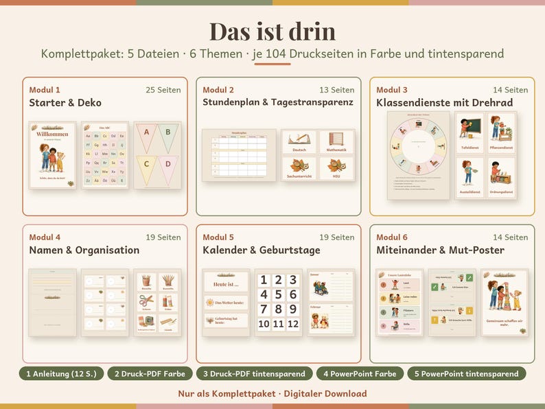 May include: A digital download set titled Das ist drin containing 5 files and 6 modules with 104 printable pages in colour and ink-saving versions. It includes classroom materials like schedules, name tags, calendars, and posters with illustrations.