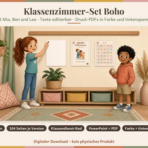 May include: A digital classroom decor set featuring illustrations of children, including a girl with red hair and a boy in a hoodie. The set includes posters with the text Willkommen and an alphabet chart, plus editable text files in PDF and PowerPoint.