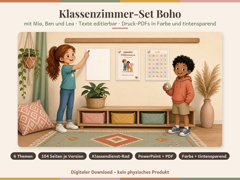 May include: A digital classroom decor set featuring illustrations of children, including a girl with red hair and a boy in a hoodie. The set includes posters with the text Willkommen and an alphabet chart, plus editable text files in PDF and PowerPoint.