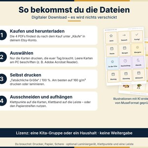 Peut inclure: Un guide d'instructions de t&eacute;l&eacute;chargement num&eacute;rique pour des cartes de routine imprimables. Le graphique pr&eacute;sente quatre &eacute;tapes num&eacute;rot&eacute;es en allemand, un aper&ccedil;u de deux feuilles avec des cartes en grille et une note de licence en bas.