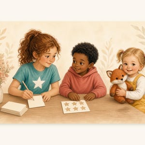 May include: Three children sit at a wooden table. One child with curly red hair wears a teal shirt with a white star and writes on a card. A child with dark hair wears a pink hoodie. A child with blonde pigtails holds a plush fox toy.