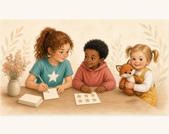 May include: Three children sit at a wooden table. One child with curly red hair wears a teal shirt with a white star and writes on a card. A child with dark hair wears a pink hoodie. A child with blonde pigtails holds a plush fox toy.