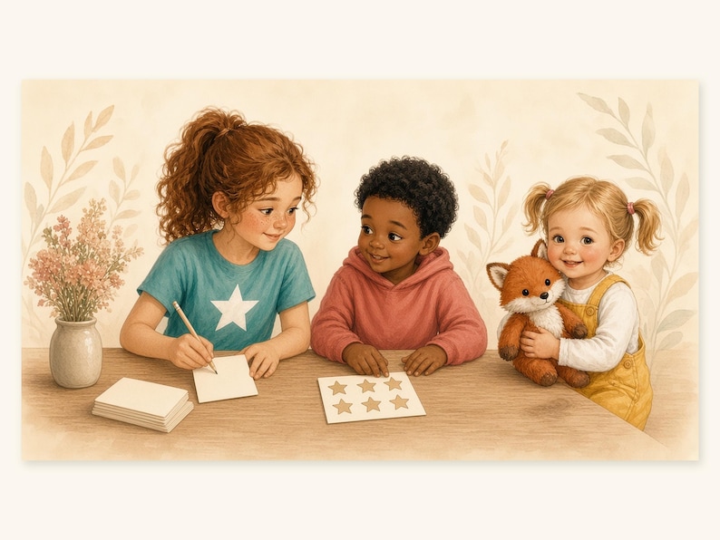 May include: Three children sit at a wooden table. One child with curly red hair wears a teal shirt with a white star and writes on a card. A child with dark hair wears a pink hoodie. A child with blonde pigtails holds a plush fox toy.