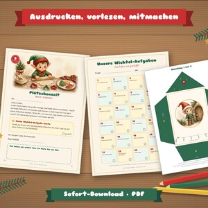 以下が含まれることがあります： クリスマスエルフをテーマにした3枚の印刷可能なアクティビティシート。1枚はエルフが料理をしている様子、もう1枚は「Unsere Wichtel-Aufgaben」というタイトルのタスクリスト、3枚目はエルフのイラストが描かれた緑色の封筒テンプレートです。