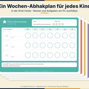 May include: A set of printable weekly chore charts in teal, orange, yellow, and purple. Each chart features a header with fields for name and week, a grid for tasks with daily circles to check off, and a section for notes. The text is in German.