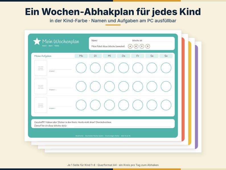May include: A set of printable weekly chore charts in teal, orange, yellow, and purple. Each chart features a header with fields for name and week, a grid for tasks with daily circles to check off, and a section for notes. The text is in German.