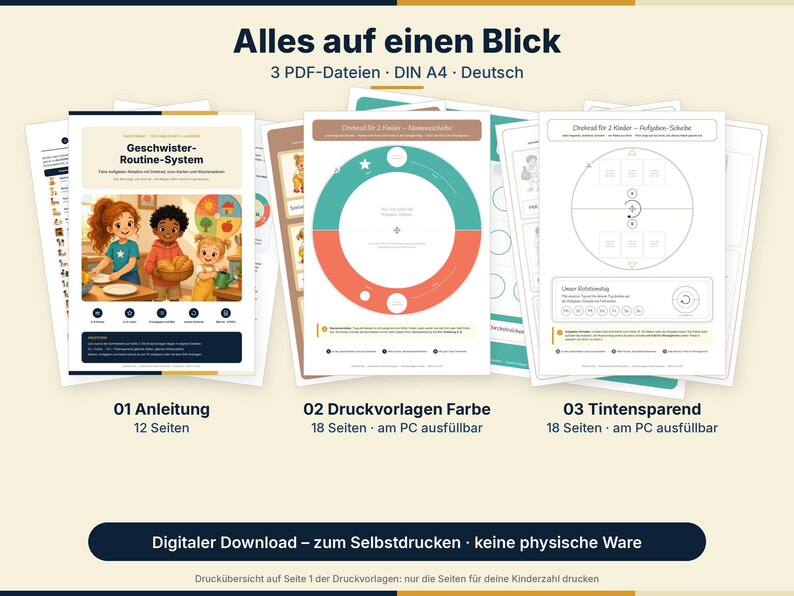 May include: A digital download set of three PDF files in DIN A4 format titled Geschwister-Routine-System. The documents include instructions, color print templates, and ink-saving templates featuring illustrations of children and task wheels.