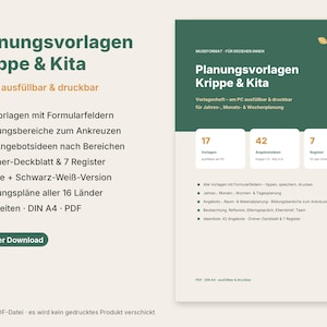 May include: A digital planning template set for daycare and nursery settings, titled Planungsvorlagen Krippe & Kita. The document includes 17 fillable forms, 42 activity ideas, 7 index tabs, and 39 pages in DIN A4 PDF format.