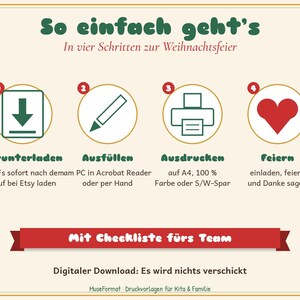 May include: An instructional graphic titled So einfach geht's with four numbered steps for a digital download: download, fill out, print on A4, and celebrate. It features icons of a download arrow, pencil, printer, and heart, plus a red banner.