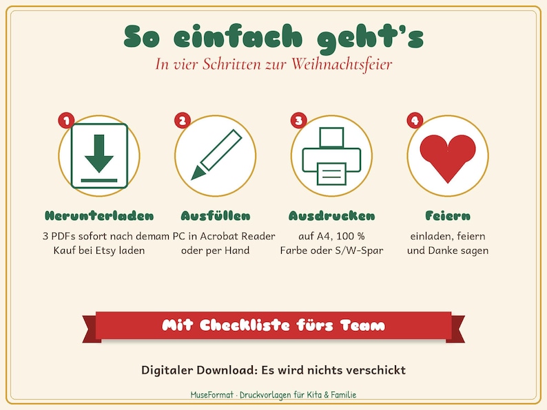 May include: An instructional graphic titled So einfach geht's with four numbered steps for a digital download: download, fill out, print on A4, and celebrate. It features icons of a download arrow, pencil, printer, and heart, plus a red banner.