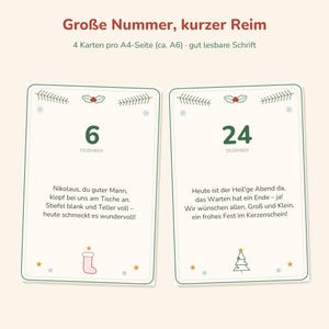 May include: Two rectangular Christmas cards with cream backgrounds, green borders, and festive illustrations. The left card features the number 6 and a poem, while the right card displays 24 and a poem. Text includes 'Gro&szlig;e Nummer, kurzer Reim'.