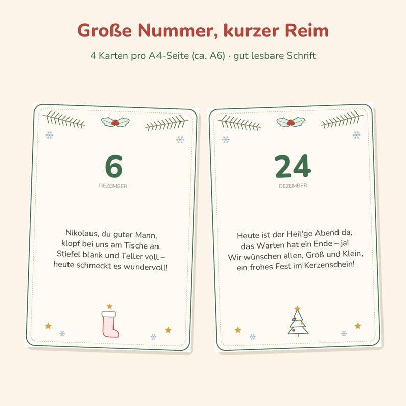 May include: Two rectangular Christmas cards with cream backgrounds, green borders, and festive illustrations. The left card features the number 6 and a poem, while the right card displays 24 and a poem. Text includes 'Gro&szlig;e Nummer, kurzer Reim'.