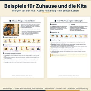 Peut inclure: Deux pages d'information blanches intitul&eacute;es 'Beispiele f&uuml;r Zuhause und die Kita' pr&eacute;sentant du texte, des diagrammes et de petites illustrations de routines quotidiennes. Les pages incluent des emplois du temps pour la maison et la cr&egrave;che.