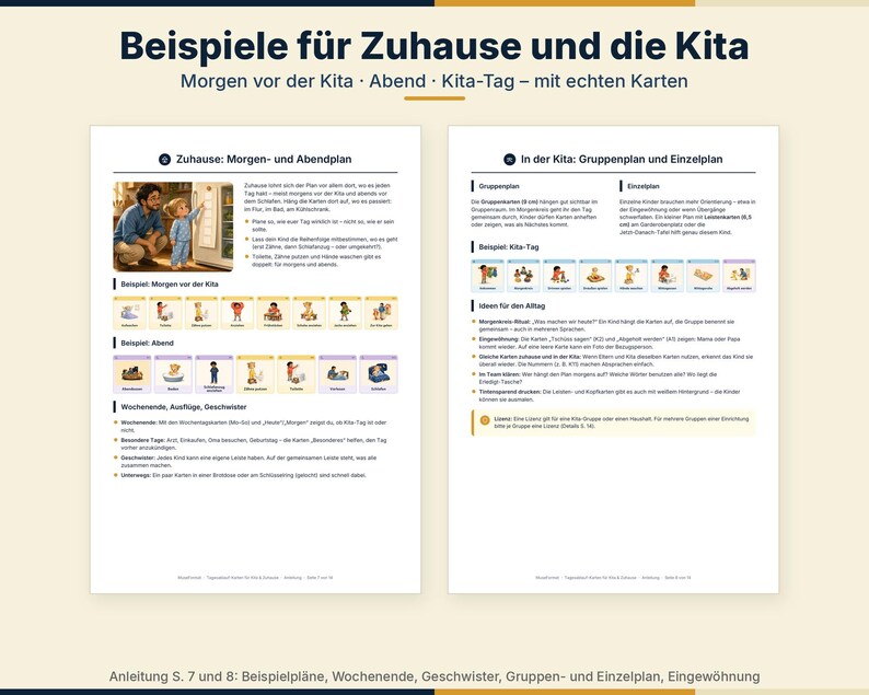 Peut inclure: Deux pages d'information blanches intitul&eacute;es 'Beispiele f&uuml;r Zuhause und die Kita' pr&eacute;sentant du texte, des diagrammes et de petites illustrations de routines quotidiennes. Les pages incluent des emplois du temps pour la maison et la cr&egrave;che.
