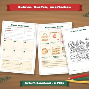 May include: Three printable sheets featuring baking activities for children. The pages include a recipe template titled Unser Backrezept, a set of kitchen rules titled Backstuben-Regeln with illustrations, and a colouring page titled Wir backen Pl&auml;tzchen.