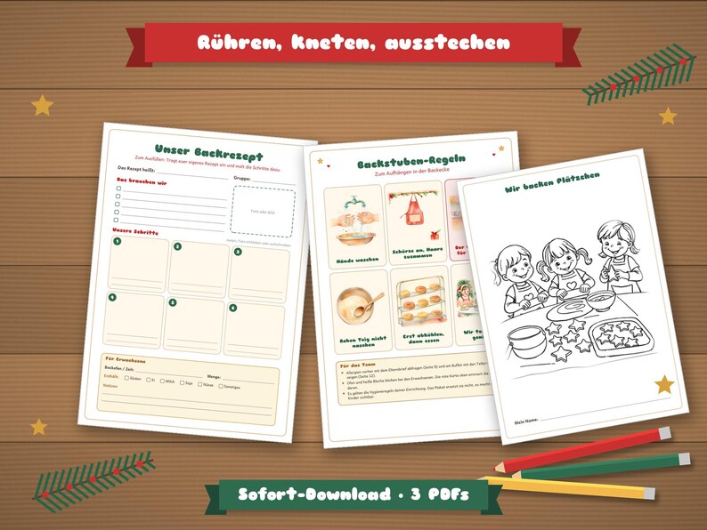 May include: Three printable sheets featuring baking activities for children. The pages include a recipe template titled Unser Backrezept, a set of kitchen rules titled Backstuben-Regeln with illustrations, and a colouring page titled Wir backen Pl&auml;tzchen.