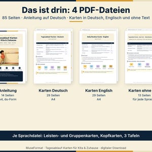 Peut inclure: Un ensemble de produits num&eacute;riques comprenant quatre fichiers PDF totalisant 85 pages. Il inclut des cartes de routine quotidienne en allemand, en anglais et sans texte, ainsi que des instructions. Les documents pr&eacute;sentent des listes, des cartes de groupe, des cartes d'en-t&ecirc;te et trois tableaux.