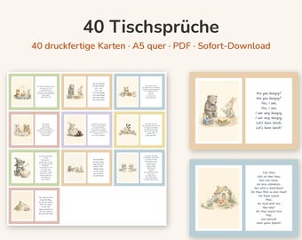 May include: A digital collection of 40 printable table prayer cards titled 40 Tischsprüche. The set includes A5 landscape PDF cards featuring illustrations of animals and text in German and English, organized in a grid and two larger examples.