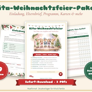 May include: A digital printable kit for a daycare Christmas party featuring 19 pages of templates including invitations, parent letters, and buffet lists. The documents feature illustrations of children singing on a stage and festive holiday decorations.