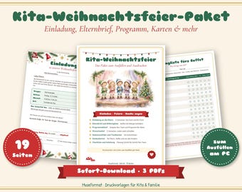 May include: A digital printable kit for a daycare Christmas party featuring 19 pages of templates including invitations, parent letters, and buffet lists. The documents feature illustrations of children singing on a stage and festive holiday decorations.