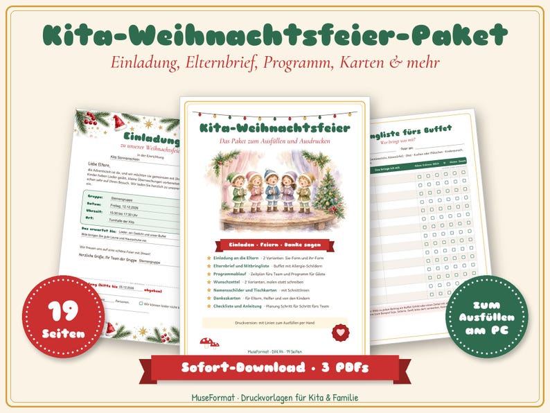 May include: A digital printable kit for a daycare Christmas party featuring 19 pages of templates including invitations, parent letters, and buffet lists. The documents feature illustrations of children singing on a stage and festive holiday decorations.