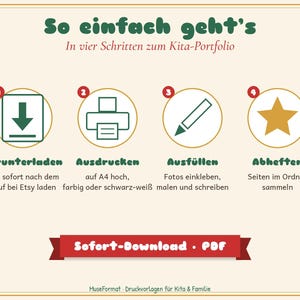 May include: An instructional graphic titled So einfach geht's with four numbered steps for a childcare portfolio. Icons show a download arrow, a printer, a pencil, and a star. Text includes Herunterladen, Ausdrucken, Ausf&uuml;llen, Abheften, and Sofort-Download PDF.