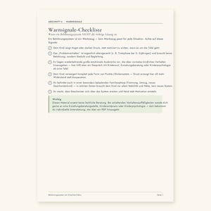May include: A printed document titled Warnsignale-Checkliste featuring a list of six numbered points regarding child behavior systems. The text is in German, printed in black on a white background, with a light green box containing a disclaimer.