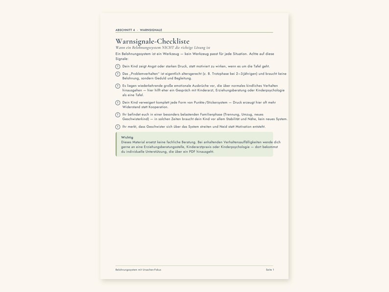 May include: A printed document titled Warnsignale-Checkliste featuring a list of six numbered points regarding child behavior systems. The text is in German, printed in black on a white background, with a light green box containing a disclaimer.
