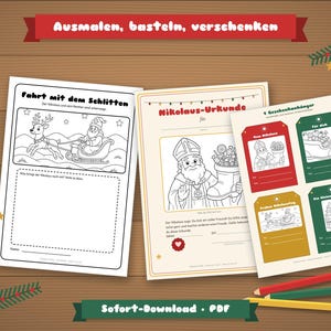 以下が含まれることがあります： クリスマスをテーマにした3枚の印刷可能なアクティビティシート。1枚はトナカイがそりを引く絵、もう1枚はニコラウスの証明書、3枚目は4つのギフトタグです。テキストには、Ausmalen, basteln, verschenken, Fahrt mit dem Schlitten, Nikolaus-Urkunde, Sofort-Downloadが含まれています。