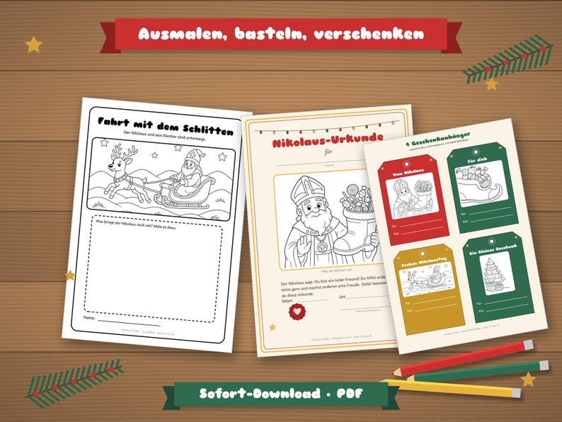 以下が含まれることがあります： クリスマスをテーマにした3枚の印刷可能なアクティビティシート。1枚はトナカイがそりを引く絵、もう1枚はニコラウスの証明書、3枚目は4つのギフトタグです。テキストには、Ausmalen, basteln, verschenken, Fahrt mit dem Schlitten, Nikolaus-Urkunde, Sofort-Downloadが含まれています。