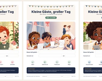 May include: Three activity booklets titled Kleine Gäste, großer Tag featuring cartoon illustrations of children at a wedding. Each booklet includes sections for personal details, interactive tasks, and coloring pages tailored for different age groups.