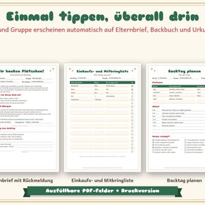 May include: Three printable planning sheets for a kindergarten baking day, including a parent letter with a response section, a shopping and contribution list, and a baking day schedule, all featuring fillable PDF fields.