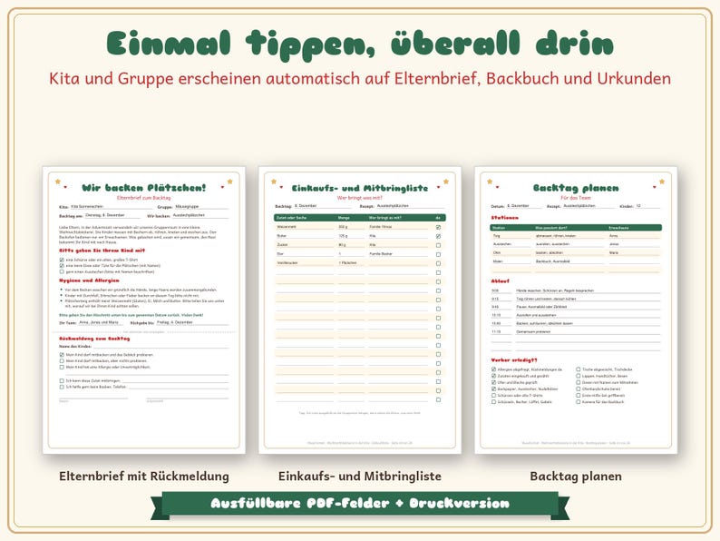 May include: Three printable planning sheets for a kindergarten baking day, including a parent letter with a response section, a shopping and contribution list, and a baking day schedule, all featuring fillable PDF fields.