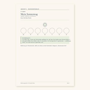 May include: A white reward chart titled Mein Sonnentag with a sun icon and seven empty circles labeled with German days of the week. It includes a light green text box explaining how to use sun stickers for daily goals and weekend rewards.
