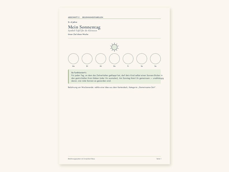 May include: A white reward chart titled Mein Sonnentag with a sun icon and seven empty circles labeled with German days of the week. It includes a light green text box explaining how to use sun stickers for daily goals and weekend rewards.