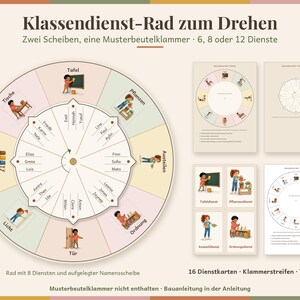 May include: A classroom chore wheel kit featuring a large circular chart with pastel segments, illustrations of children performing tasks, and a central rotating name disc. Includes additional printable sheets, task cards, and labels.