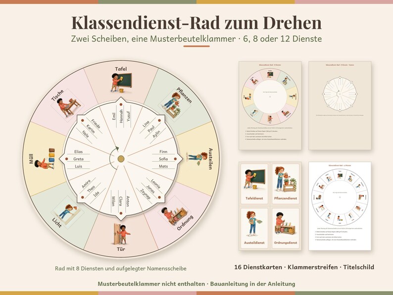 May include: A classroom chore wheel kit featuring a large circular chart with pastel segments, illustrations of children performing tasks, and a central rotating name disc. Includes additional printable sheets, task cards, and labels.