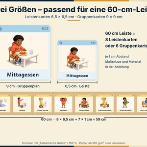 Peut inclure: Cartes visuelles &eacute;ducatives pour un rail de 60 cm, disponibles en deux tailles : 6,5 x 6,5 cm et 9 x 9 cm. Les cartes illustrent des routines quotidiennes comme le d&eacute;jeuner, avec les textes 'Mittagessen', 'Aufwachen', 'Toilette', 'Z&auml;hne putzen', 'Anziehen', 'Fr&uuml;hst&uuml;cken', 'Schuhe anziehen', 'Jacke anziehen' et 'Zur Kita gehen'.