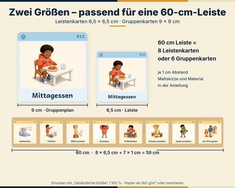 Peut inclure: Cartes visuelles &eacute;ducatives pour un rail de 60 cm, disponibles en deux tailles : 6,5 x 6,5 cm et 9 x 9 cm. Les cartes illustrent des routines quotidiennes comme le d&eacute;jeuner, avec les textes 'Mittagessen', 'Aufwachen', 'Toilette', 'Z&auml;hne putzen', 'Anziehen', 'Fr&uuml;hst&uuml;cken', 'Schuhe anziehen', 'Jacke anziehen' et 'Zur Kita gehen'.