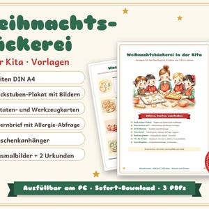 May include: A set of printable documents titled Weihnachtsb&auml;ckerei in der Kita featuring 26 DIN A4 pages, including a bakery poster, 30 ingredient and tool cards, a parent letter with allergy inquiry, 8 gift tags, 6 colouring pages, and 2 certificates.