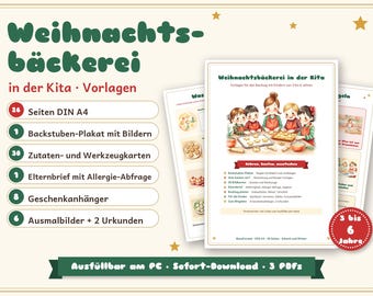 Christmas baking templates for kindergarten (PDF), baking day cookies, parent letter about allergies, picture cards, coloring pages, Advent activities for kindergarten (fillable)