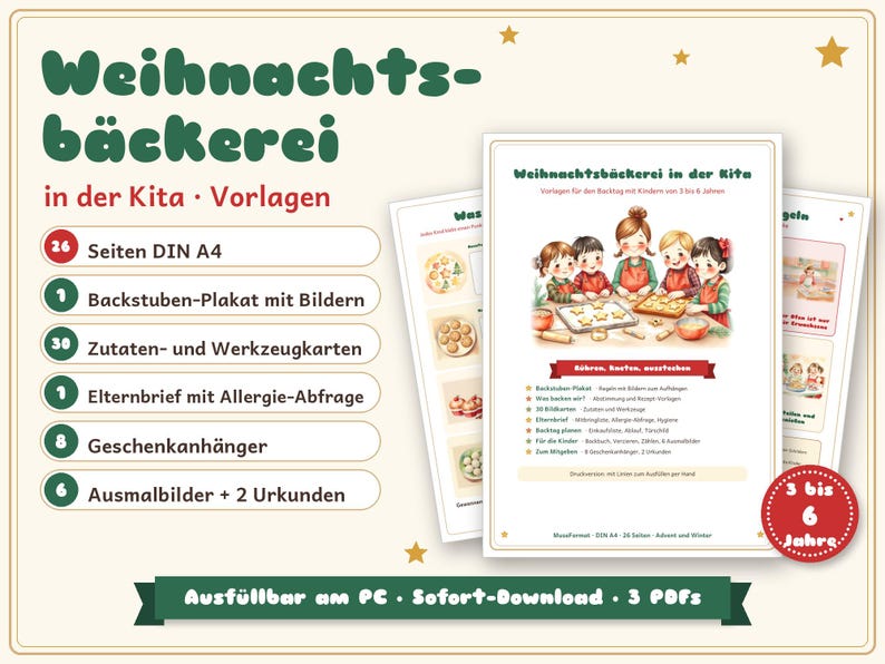 May include: A set of printable documents titled Weihnachtsb&auml;ckerei in der Kita featuring 26 DIN A4 pages, including a bakery poster, 30 ingredient and tool cards, a parent letter with allergy inquiry, 8 gift tags, 6 colouring pages, and 2 certificates.