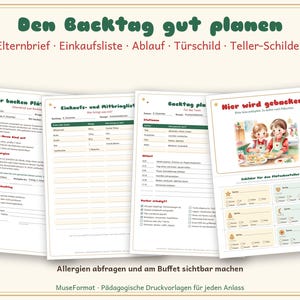 May include: A set of four printable documents for organising a baking event, featuring German text including 'Den Backtag gut planen', 'Einkaufsliste', 'Ablauf', 'T&uuml;rschild', and 'Teller-Schilder'. The pages contain checklists, tables, and a colourful illustration of two children baking cookies.