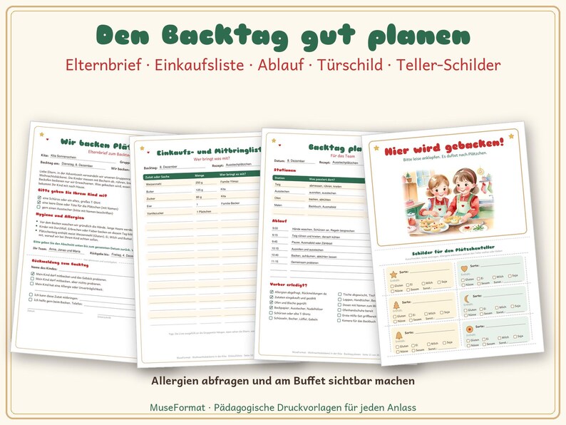 May include: A set of four printable documents for organising a baking event, featuring German text including 'Den Backtag gut planen', 'Einkaufsliste', 'Ablauf', 'T&uuml;rschild', and 'Teller-Schilder'. The pages contain checklists, tables, and a colourful illustration of two children baking cookies.